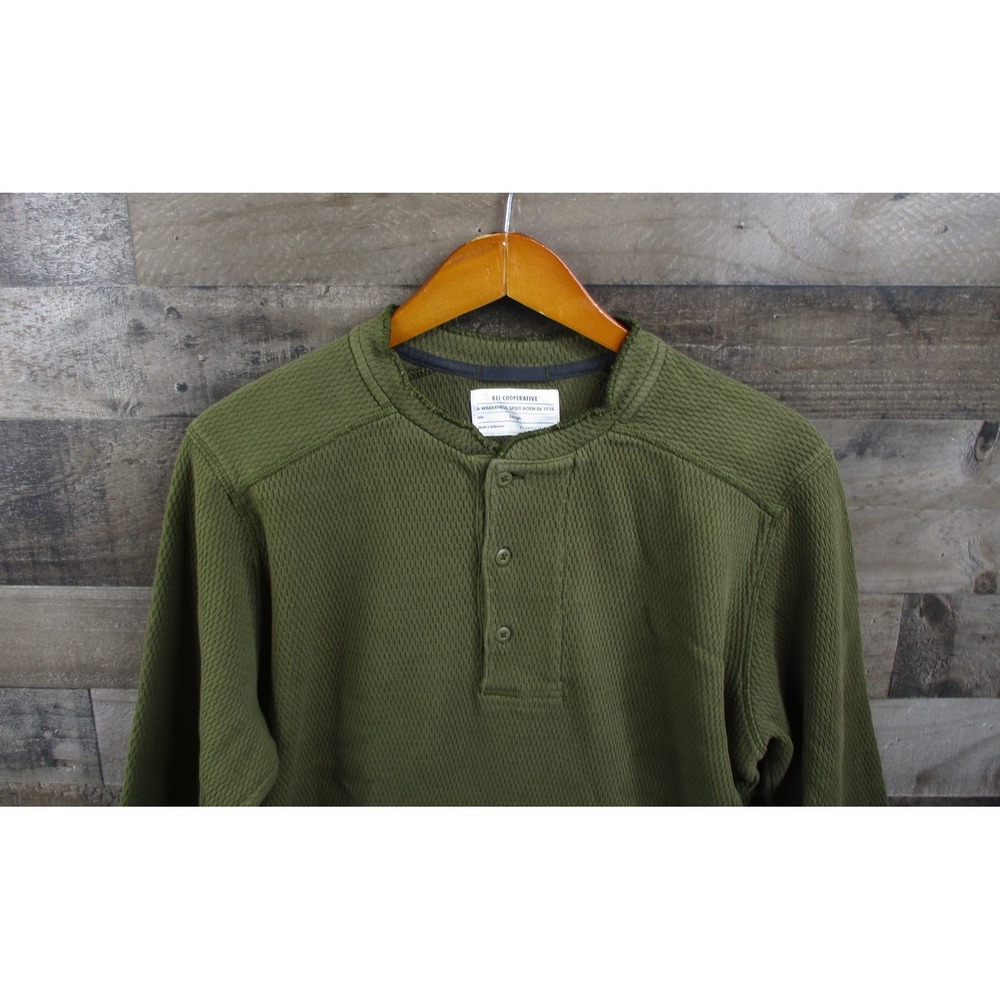 REI Co Op Sweater Mens Large Green Waffle Knit Henley Pullover Outdoor